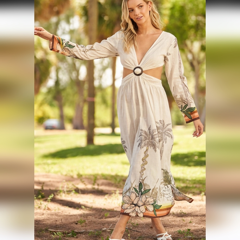 NWOT Z&L Rio Grande Maxi Dress in cream with a tropical border print - Picture 4 of 7